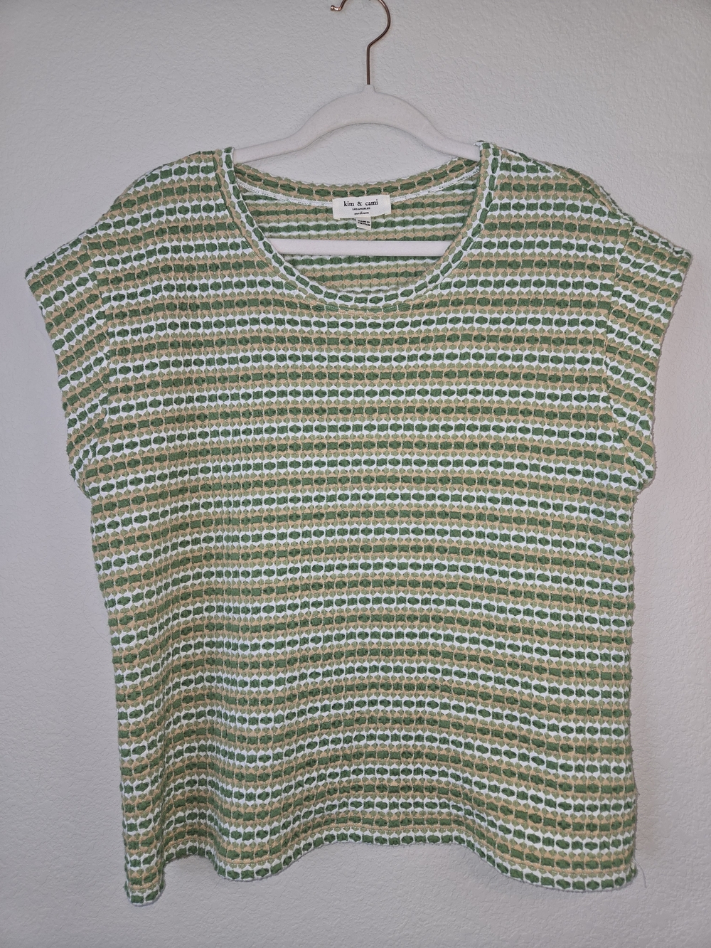 Kim & Cami Green and Cream Striped Knit Short Sleeve Top